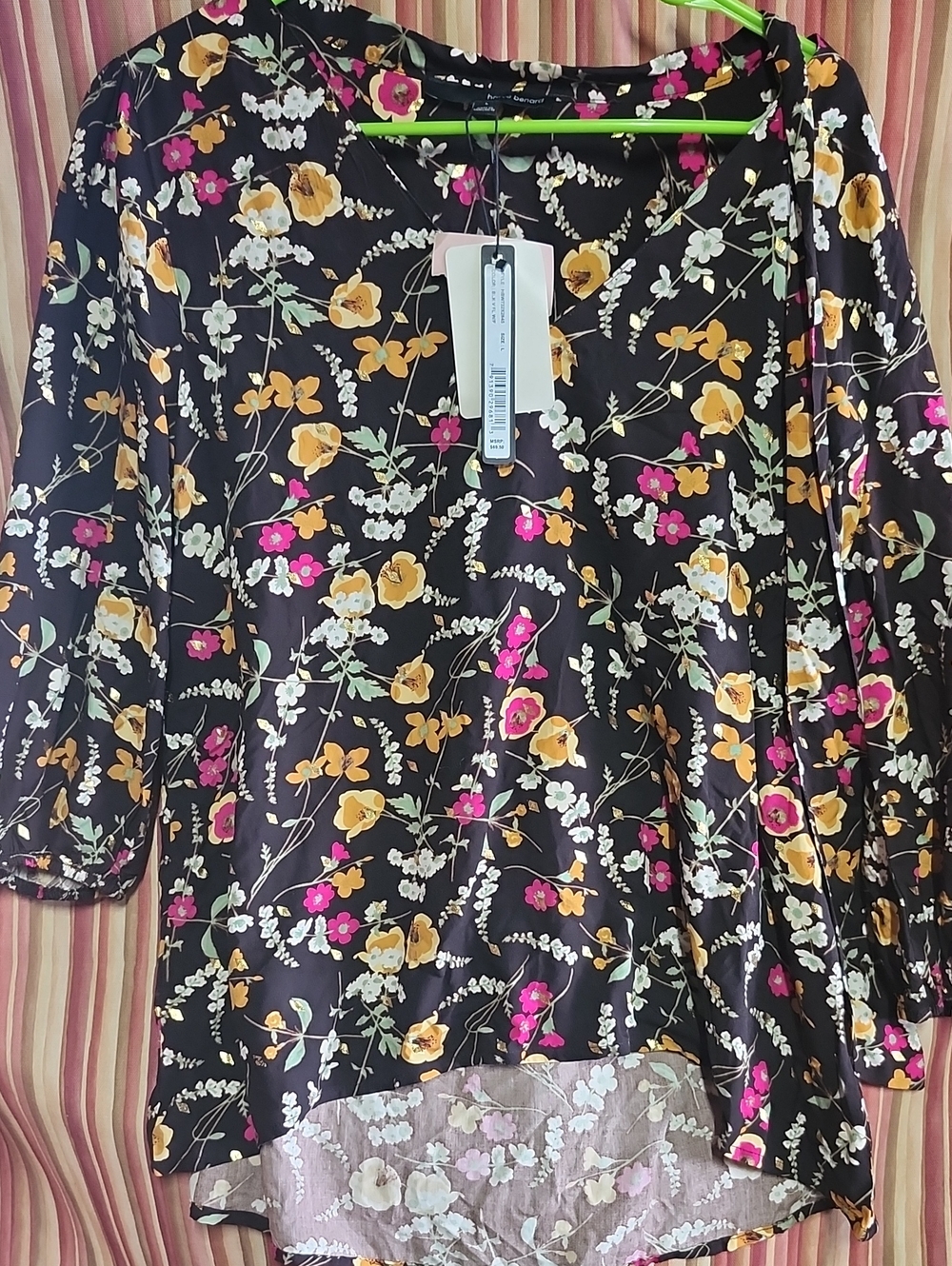 Black Floral V-Neck Blouse with Yellow & Pink Blossoms